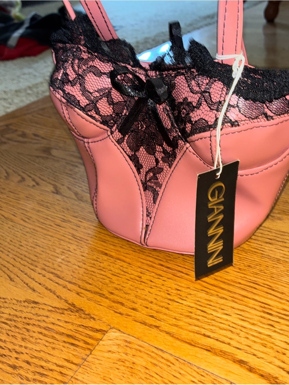 Ganni Pink Mini Shoulder Bag with Black Lace Trim